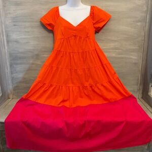 Donna Morgan Hot Pink Orange Tiered Color Block Midi Dress Size 8 Good Condition